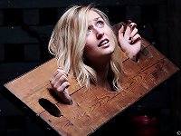 A blonde girl put herself in the wooden stocks.